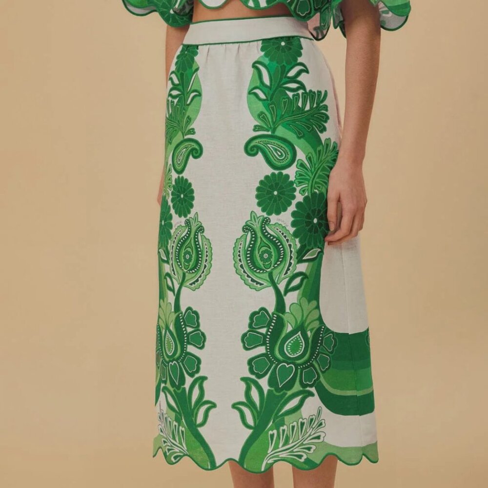 NWT FARM Rio Green and White Floral Linen Midi Skirt